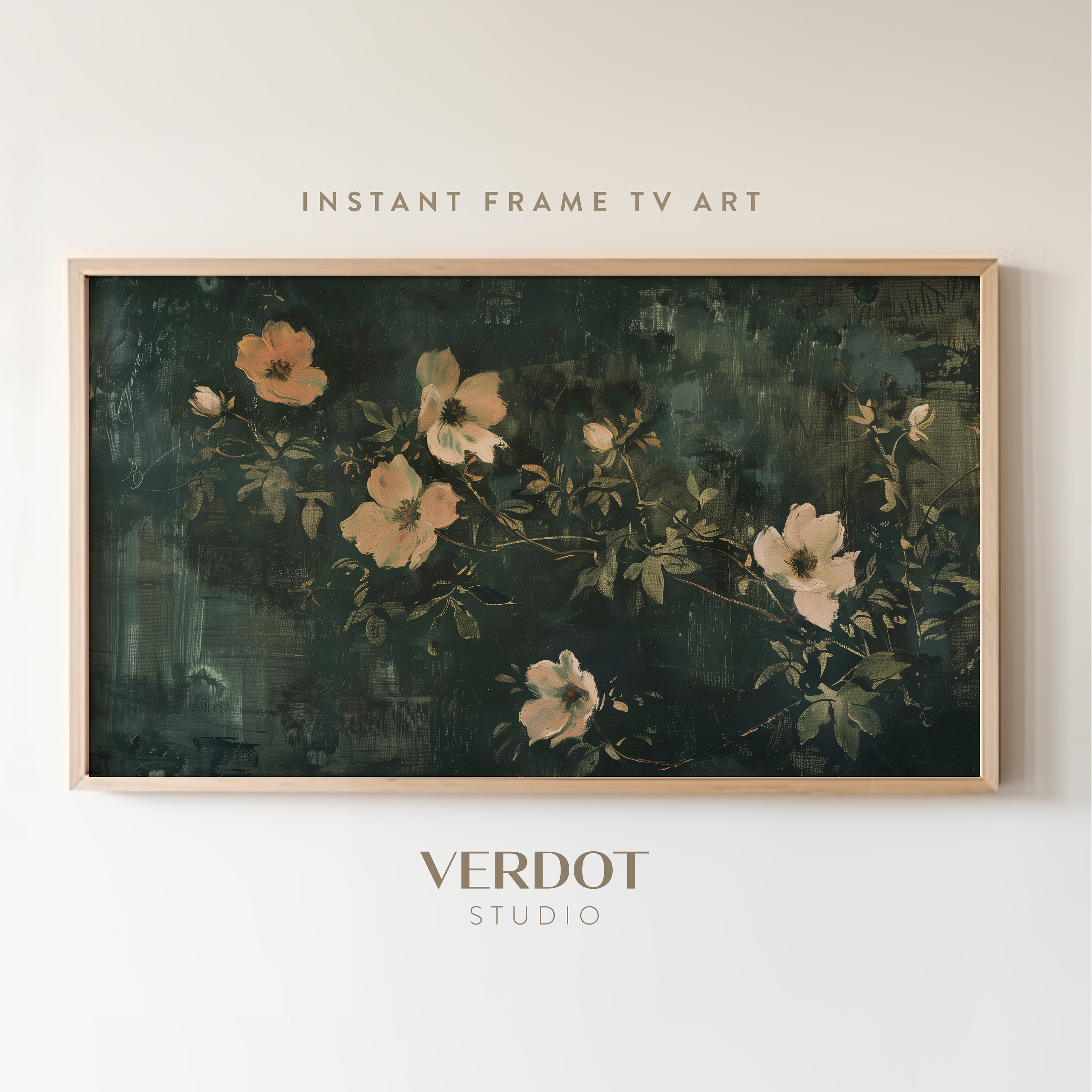 Flower Painting Frame TV Art, Antique Dark Green Peach Wildflower