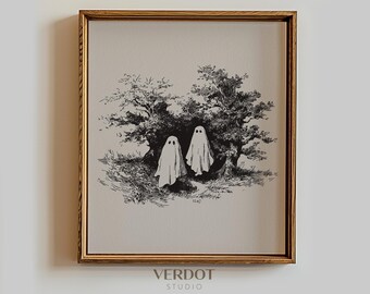 impression fantôme vintage, art mural imprimable Halloween, décoration automne neutre, dessin esquisse forêt fantôme automne | 25070