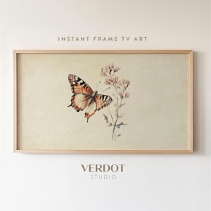 Vintage Butterfly Frame TV Art, Neutral Beige Spring Tv Art, Summer Screensaver, Wildflower Painting, Rustic Country Decor, Monarch | 25051