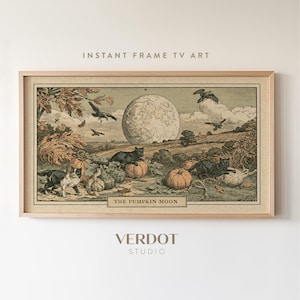 May include: A rectangular framed wall art piece titled THE PUMPKIN MOON, featuring a vintage-style illustration of black cats, pumpkins, and crows under a large full moon in a landscape setting, presented in a light-coloured wooden frame.