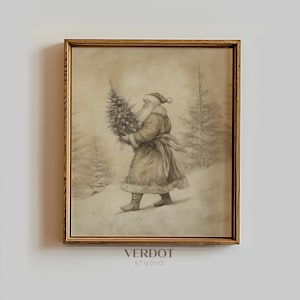 Vintage Christmas Santa Print, Christmas Decor, Printable Wall Art, Neutral Santa Holding Tree Drawing Winter Forest Holiday Poster | 24206