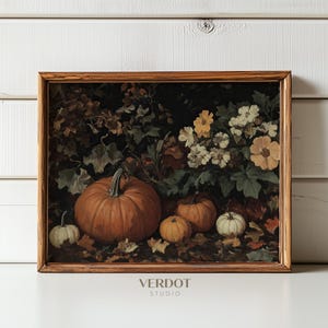 Herbst Dekor Vintage Kürbis Blumendruck, dunkle Herbst Malerei, botanische Blumengarten, launische antike Halloween Wand Kunst | 24175