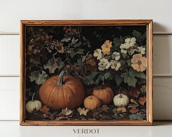 Fall Decor Vintage Pumpkin Flower Print, Dark Autumn Painting, Botanical Floral Garden, Moody Antique Halloween Wall Art | 24175