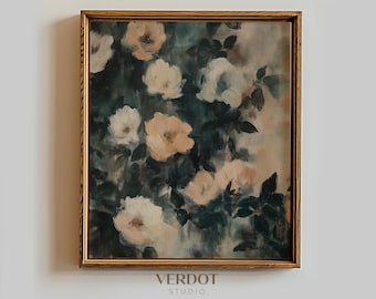 impression de fleurs printanières vintage, art mural imprimable, peinture florale sombre de mauvaise humeur, art mural botanique estival abstrait téléchargeable | 25041