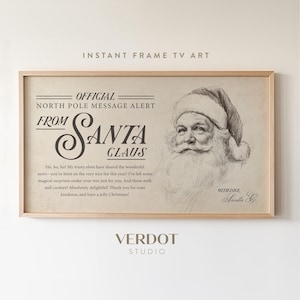 Może przedstawiać: Drukowany odbitka sztuki w stylu vintage z czarno-białym obrazkiem Świętego Mikołaja. Tekst brzmi "Official North Pole Message Alert From Santa Claus" i "Ho, ho, ho! Moi zaufani elfy podzielili się wspaniałymi wiadomościami - byłeś na liście grzecznych w tym roku! Zostawiłem kilka magicznych niespodzianek pod twoim drzewem tylko dla ciebie. A to mleko i ciasteczka? Absolutnie pyszne! Dziękuję za twoją życzliwość i wesołych świąt!" i "Z miłością, Święty Mikołaj C."