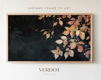 Op de afbeelding: Een ingelijste print van een aquarel met een donkere achtergrond en een cluster van oranje en bruine bladeren in de rechterbovenhoek. De tekst "INSTANT FRAME TV ART" staat bovenaan de afbeelding en de tekst "VERDOT STUDIO" staat onderaan de afbeelding.