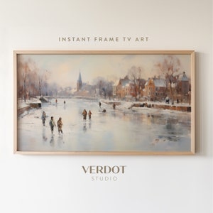 Vintage winter Samsung frame tv-kunst, schaatser kerstlandschap kleine stad dorp olieverfschilderij digitale download tv-kunst | TV2322