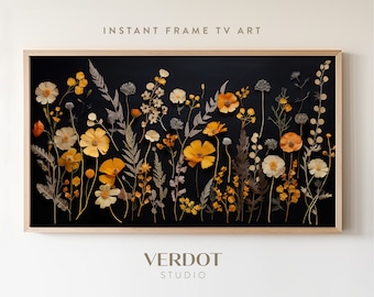 Pressed Flowers Fall Frame TV Art, Floral Botanical Frame TV Art, Dark Moody Decor, Wildflower Boho Vintage Style Screensaver | TV2419