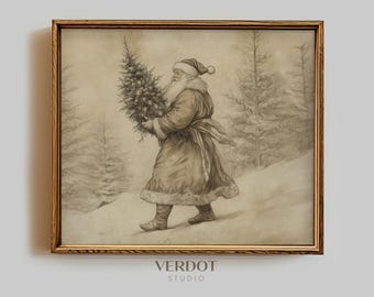 Vintage Santa Christmas Decor, Printable Wall Art, Neutral Holiday Winter Landscape Print, Santa holding Christmas tree Poster | 24206