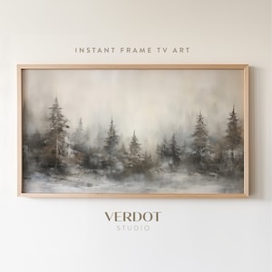 Moody Winter Forest Landscape Frame TV Art, Rustic Vintage Christmas Screensaver, Evergreen Trees Oil Painting Christmas Decor | TV2314