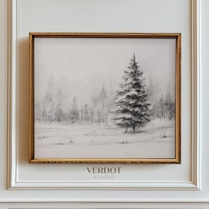 Neutral Winter Tree Christmas Print, Christmas Printable Wall Art, Vintage Winter Wall Decor, Evergreen Tree Pencil Sketch | SKU2303