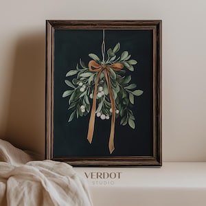 Vintage Mistelzweig Malerei, Weihnachtsdekor druckbare Wandkunst, dunkele launische Stimmung antiker Feiertags-Druck, neutrales botanisches Plakat | 24236
