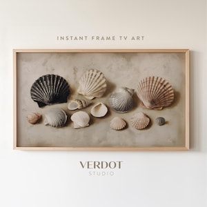 May include: A framed print featuring a collection of seashells in various sizes and colors, including black, white, and tan. The print has the text "INSTANT FRAME TV ART" at the top and "VERDOT STUDIO" at the bottom.