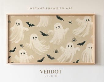Ghosts & Bats Frame TV Art, Neutral Halloween Decor | TV26044