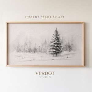 May include: A black and white pencil drawing of a snowy forest scene with a single pine tree in the foreground. The drawing is framed in a light wood frame. The text "INSTANT FRAME TV ART" is above the frame and "VERDOT STUDIO" is below the frame.