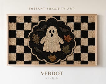 Checkered Ghost Halloween Frame TV Art, Knit Fall Art | 26078