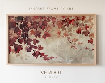 Fall Tree Leaves Frame TV Art, Autumn Tv Screensaver, Burgundy Red Leaf Watercolor Painting, Thanksgiving Decor, Halloween Tv Art | TV24147