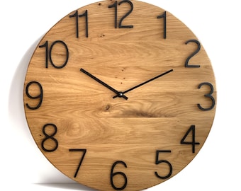 Wooden Wall Clock KARLS, Oak Wall Clock Modern Wood Clock Home Decoration,  Oak Wood Wall Clock Minimalist Large Numbers Wall Clock