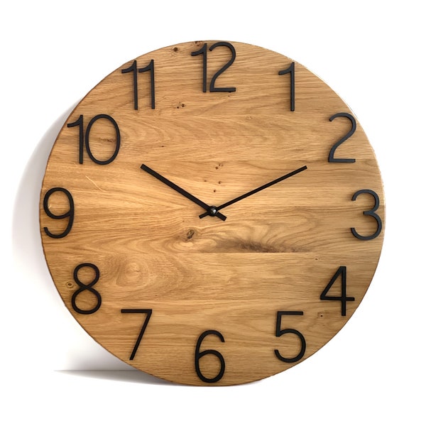 Wooden Wall Clock KARLS, Oak Wall Clock Modern Wood Clock Home Decoration,  Oak Wood Wall Clock Minimalist Large Numbers Wall Clock