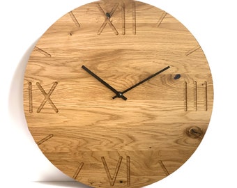 Reloj de pared ROMANO, Reloj grande de madera, Roble natural grande, Diseño minimalista moderno, Arte único de la pared del hogar
