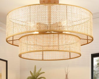 2-Tier Rattan Semi-Flush Mount Ceiling Light, Boho Gold Chandelier Fixture