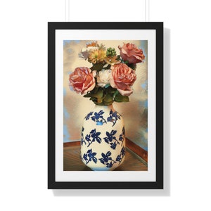Jarrón floral enmarcado, flores, impresión artística, póster vertical enmarcado, asiático