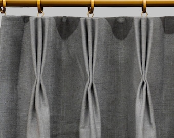 Custom Pinch Pleat Drapes or Curtain Panels in Old Country Linen Nile Gray Fabric with Blackout or Thermal Lining for Living or Bedroom