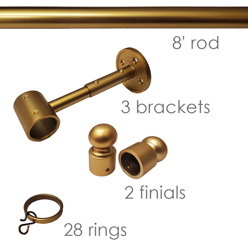 Gold Drapery or Curtain Hardware Set With Rod, Rings, Brackets, and
