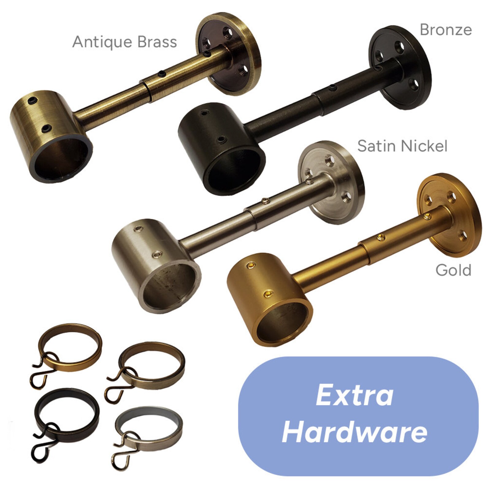 Drapery or Curtain Hardware, Brackets and Rings in Gold, Antique Brass