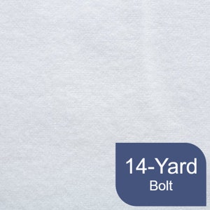May include: A close-up of a white fabric bolt. The fabric has a textured appearance. A navy blue rounded rectangle in the bottom right corner reads "14-Yard Bolt".