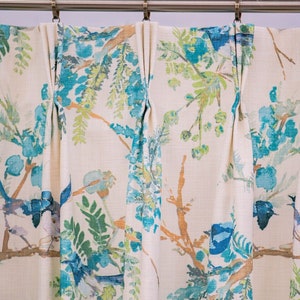 Custom Pinch Pleat Drapes or Curtain Panels in Emilia Mediterranean Floral Fabric with Blackout or Thermal Lining for Living or Bedroom