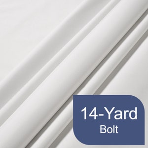 May include: A white fabric bolt, 14 yards long. The fabric is smooth and has a slight sheen. The bolt is wrapped in a blue label with the text "14-Yard Bolt".