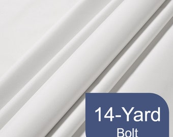 May include: A white fabric bolt, 14 yards long. The fabric is smooth and has a slight sheen. The bolt is wrapped in a blue label with the text "14-Yard Bolt".