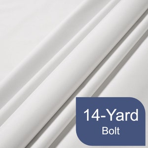 May include: White fabric in a 14-yard bolt. The fabric is folded in half and the ends are visible. The fabric is smooth and has a slight sheen.