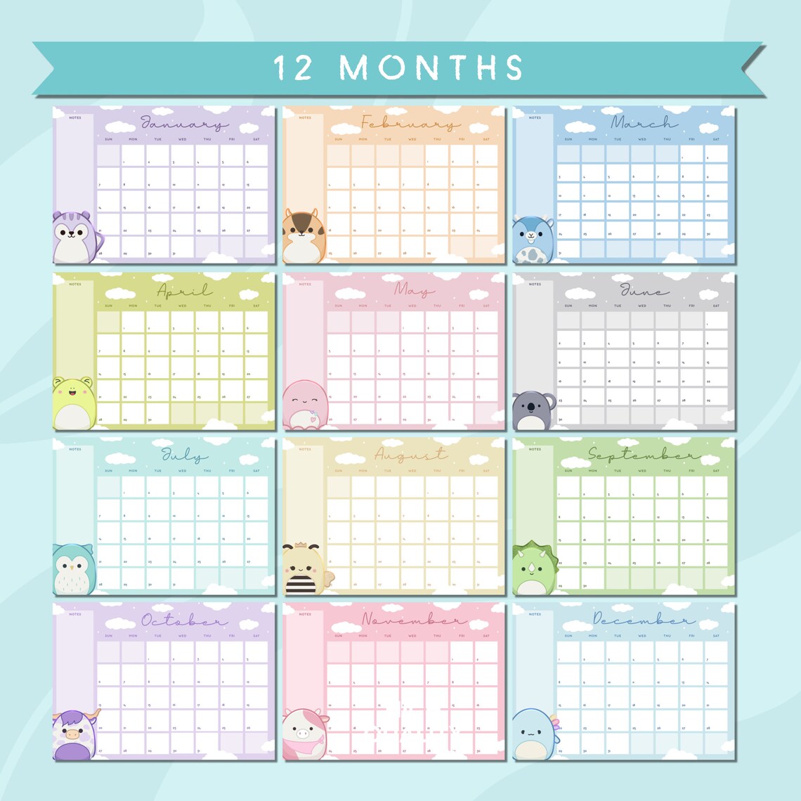 Printable Squishmallows 2025 Monthly Calendar Digital 2025 Etsy Canada