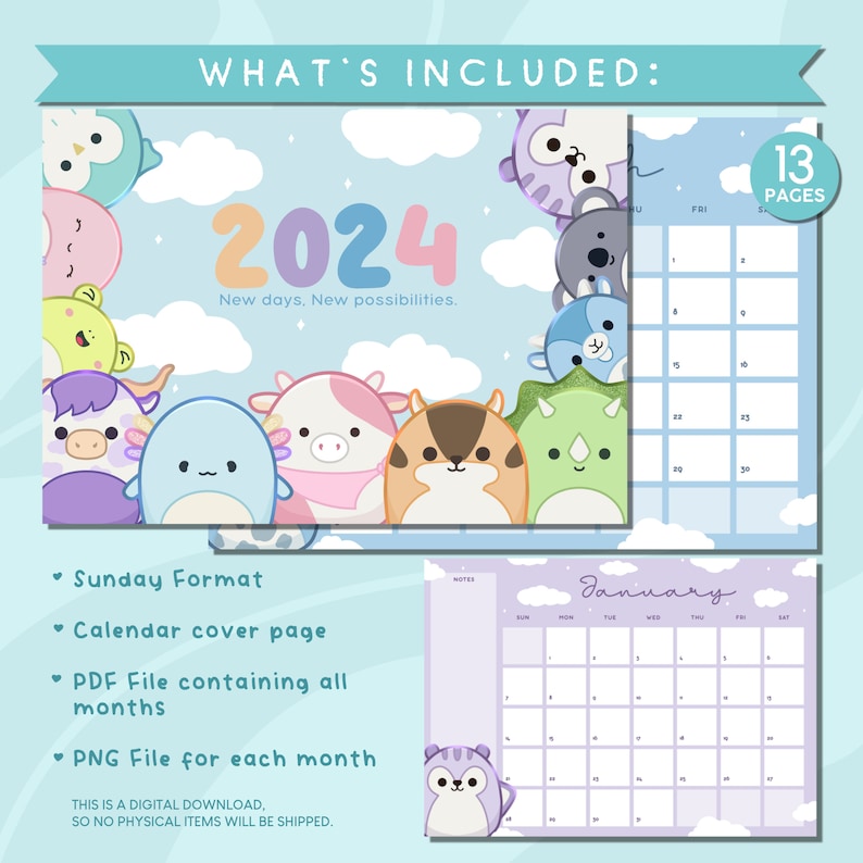 Printable Squishmallows 2024 Monthly Calendar Digital 2024 Planner