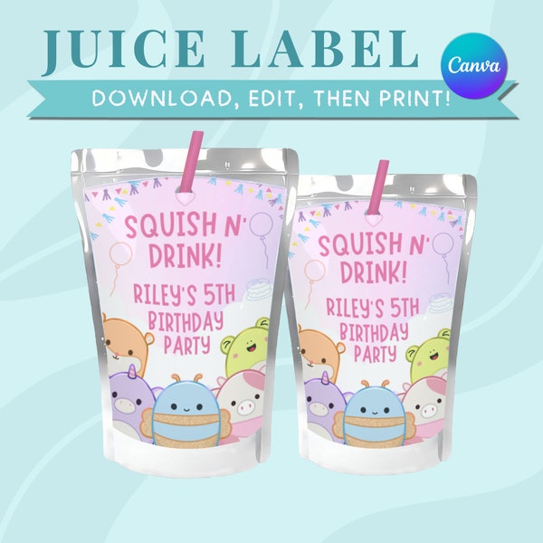 Squishmallows Juice Label Printable Squishmallows Birthday Party Favor Label Template Squishmallows Drink Label Digital Download