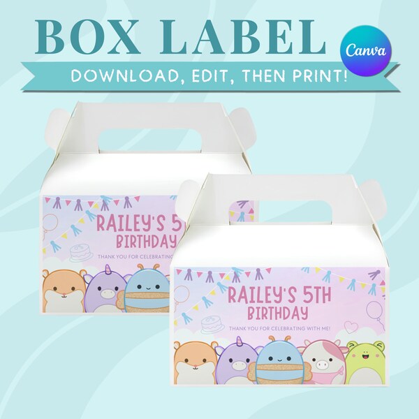 Squishmallows Gable Box Label Editable Template Squishmallows Birthday Gift Box Label Printable Squishmallows Party Decor Instant Download