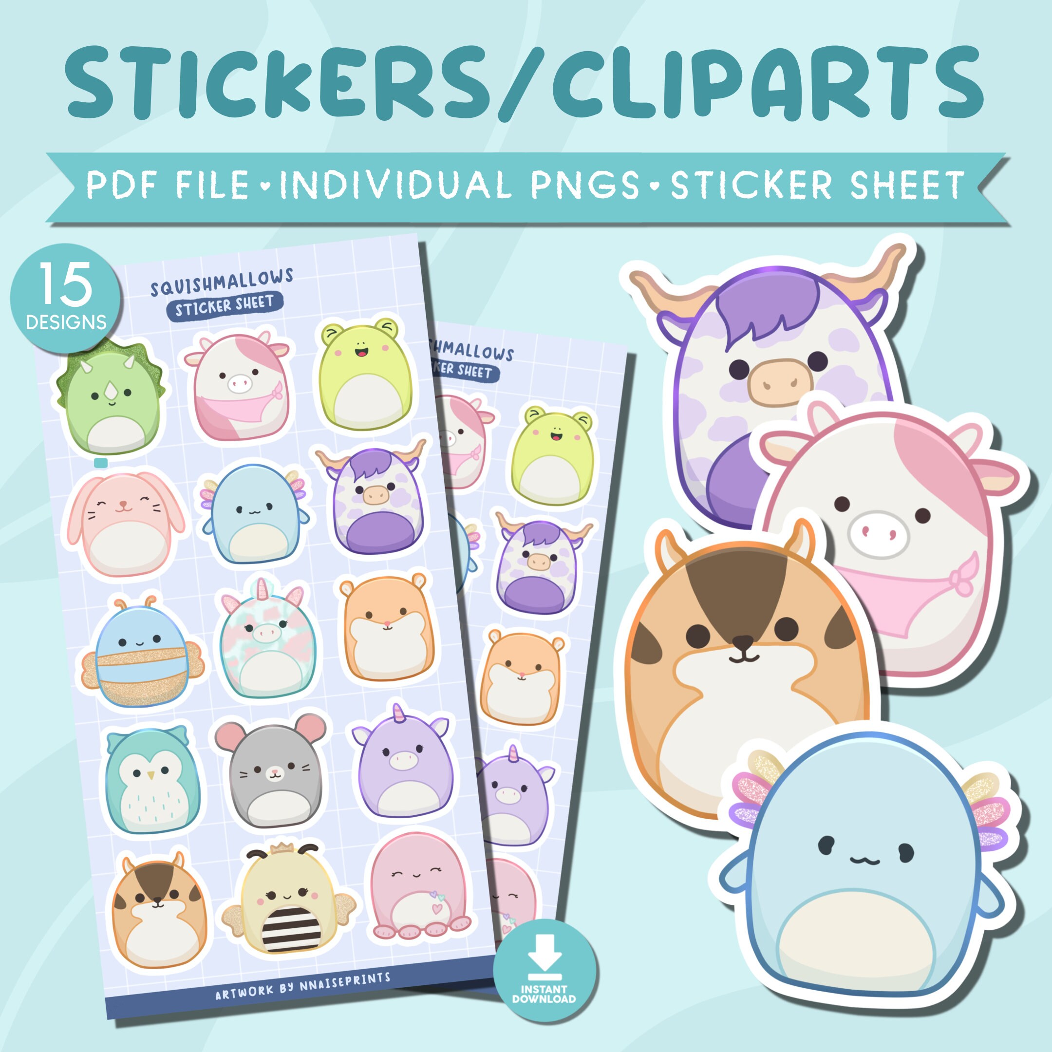 Squishmallows Sticker Set Printable Animal Kawaii Sticker Sheet Digital ...