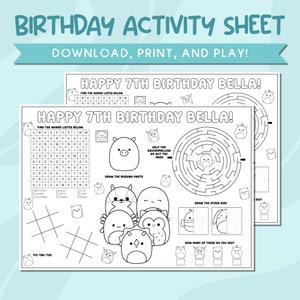 Squishmallows Personalized Birthday Party Activity Sheet Printable Squishmallows Printable Birthday Games Squishmallows Activity Placemat