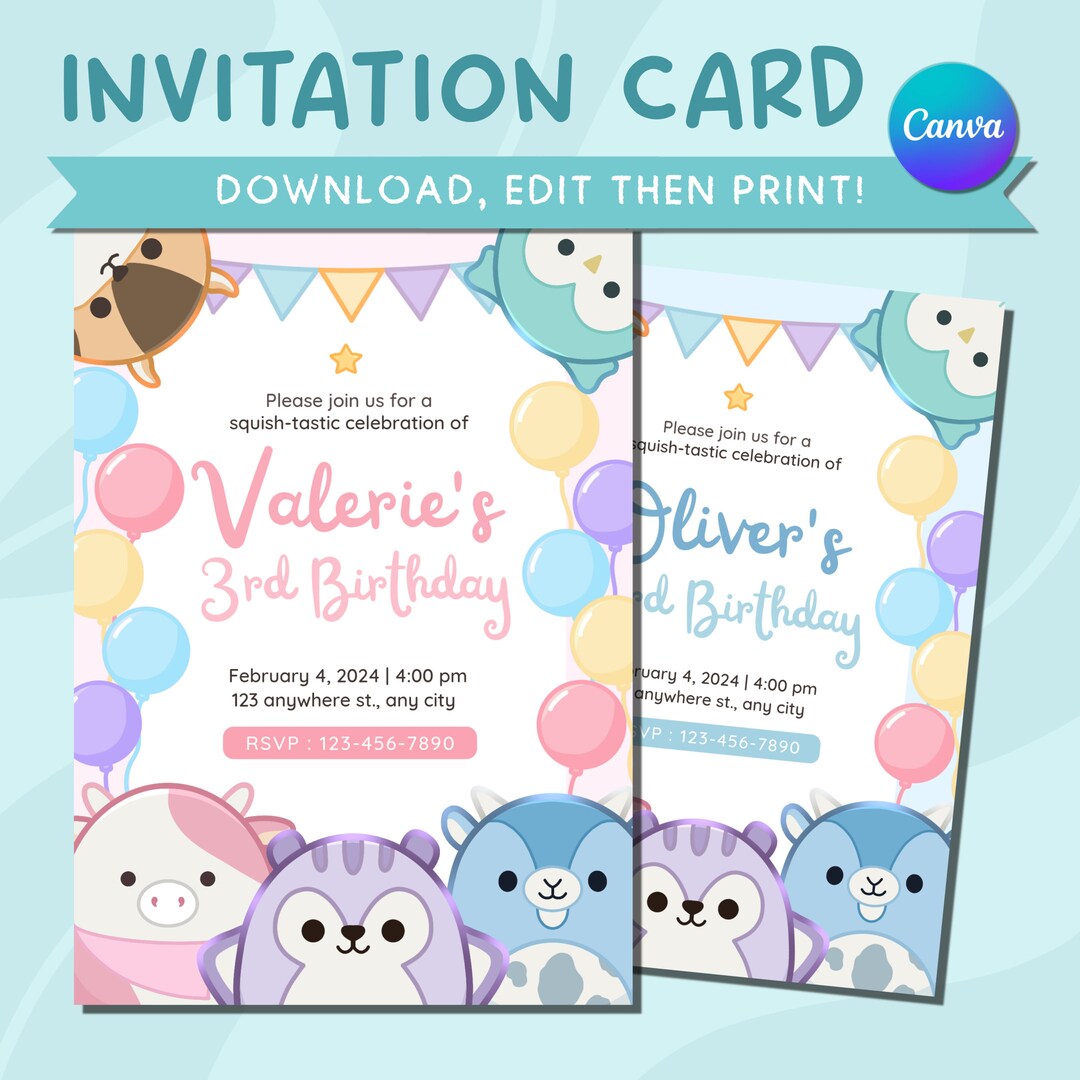 Printable Squishmallows Birthday Invitation Card Editable Template ...