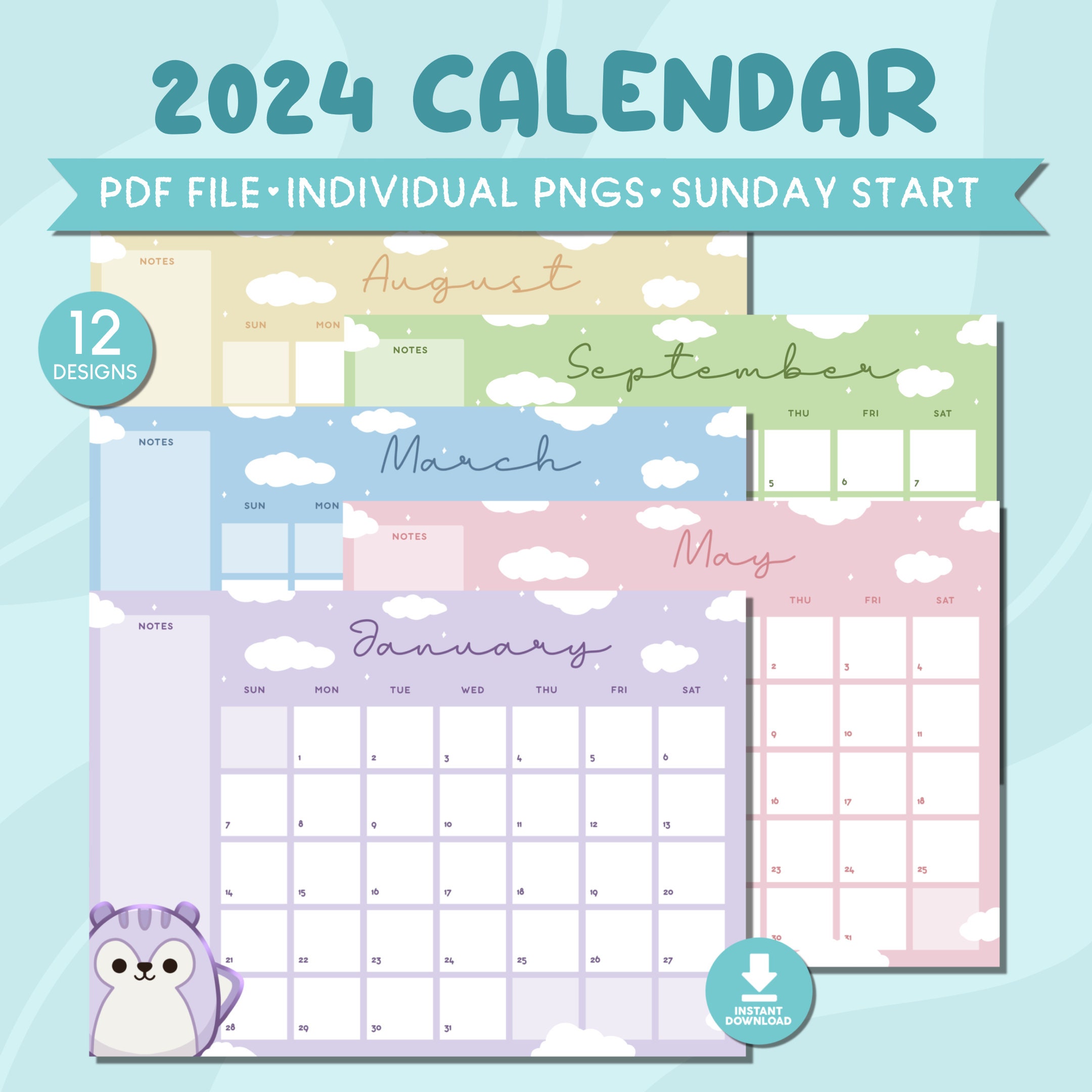 Printable Squishmallows 2024 Monthly Calendar Digital 2024 Planner