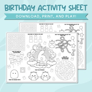 Squishmallows Personalized Birthday Party Activity Sheet Printable Squishmallows Printable Birthday Games Squishmallows Activity Placemat