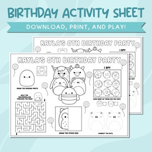 Squishmallows Personalized Birthday Party Activity Sheet Printable Squishmallows Printable Birthday Games Squishmallows Activity Placemat