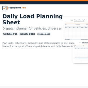 Puede incluir: Documento digital blanco titulado "Daily Load Planning Sheet" con diseño de cuadrícula. Diseñado para la planificación de despachos de vehículos y conductores. Disponible en PDF y DOCX.