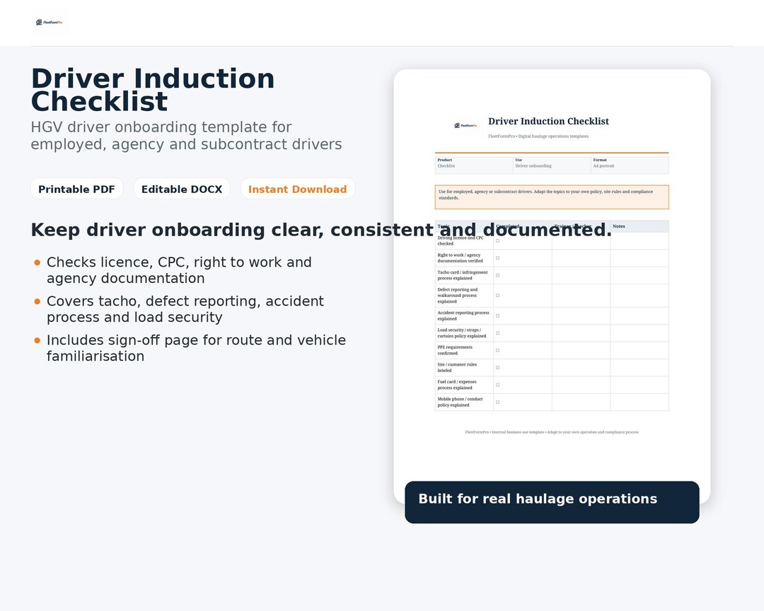 HGV Driver Induction Checklist, Onboarding Template, Fleet Compliance ...
