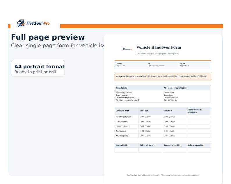 Sign Out Handover Form Vehicle Handover Form, Fleet Sign Out Sheet, Editable PDF (digital ...