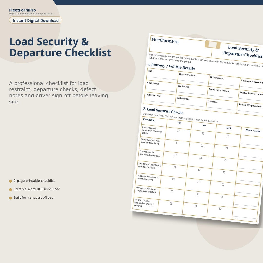Load Security Departure Checklist | Transport Haulage Form (PDF, DOCX ...