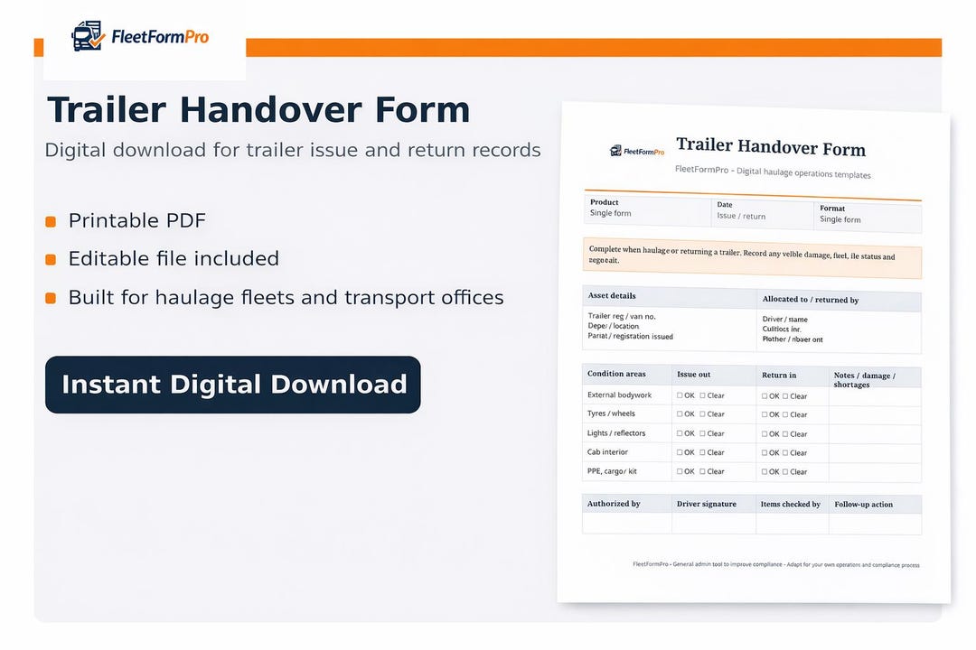 Trailer Handover Form, Fleet Allocation Sheet, Editable PDF (digital ...