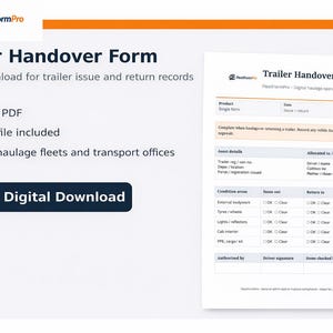 Trailer Handover Form, Fleet Allocation Sheet, Editable PDF (Digital Download)
